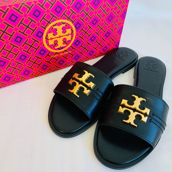 Tory Burch NIB Everly Slide Black Leather Sandals - Picture 1 of 7